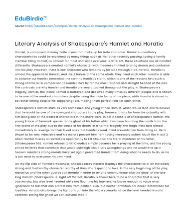 Literary Analysis of Shakespeare’s Hamlet and Horatio