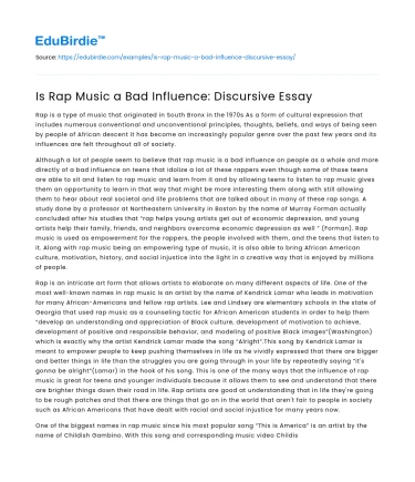Is Rap Music a Bad Influence: Discursive Essay