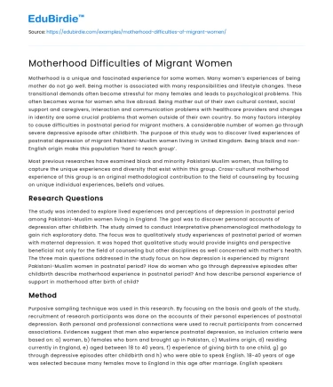 Motherhood Difficulties of Migrant Women