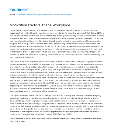 Motivation Factors At The Workplace