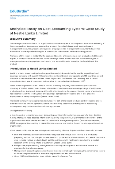 Cost Accounting Analysis: Nestlé Lanka Case Study