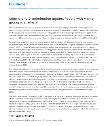 Stigma and Discrimination against People with Mental Illness in Australia