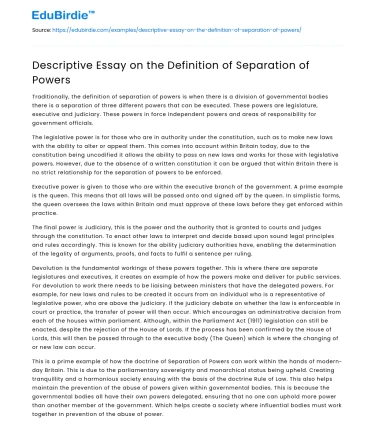 Descriptive Essay on the Definition of Separation of Powers