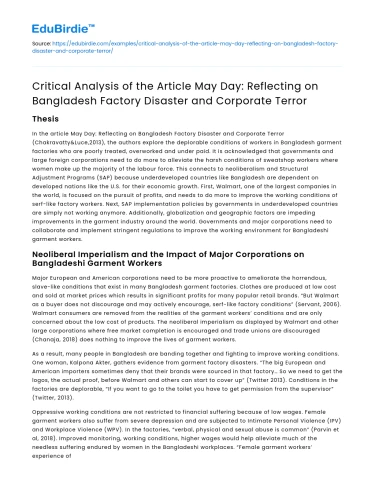 Analysis of May Day: Bangladesh Factory Disaster & Corporate Terror