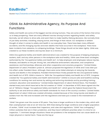 OSHA As Administrative Agency, Its Purpose And Functions