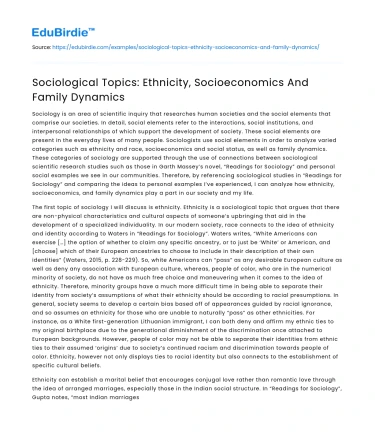 Sociological Topics: Ethnicity, Socioeconomics And Family Dynamics