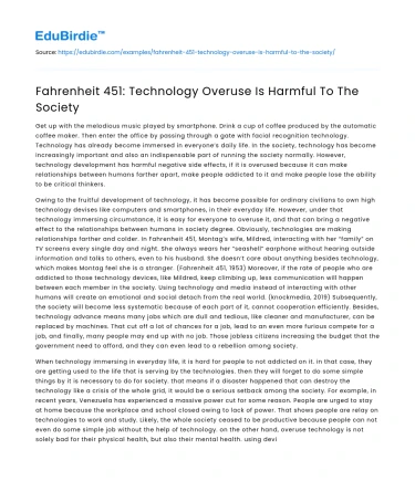 The Perils of Technology Overindulgence in Fahrenheit 451