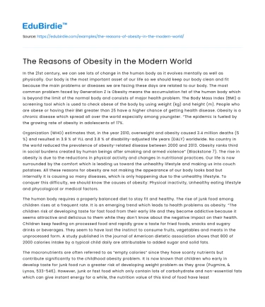 The Reasons of Obesity in the Modern World