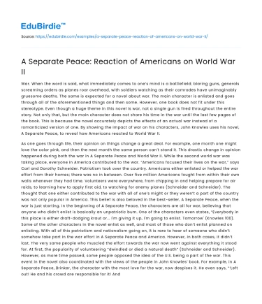 A Separate Peace: Reaction of Americans on World War II