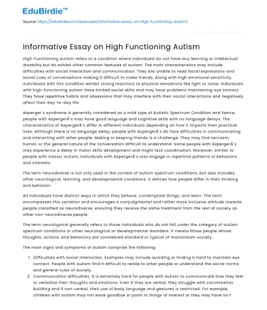 Informative Essay on High Functioning Autism