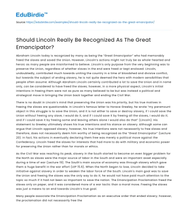 Should Lincoln Really Be Recognized As The Great Emancipator?