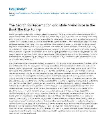 The Search for Redemption and Male Friendships in the Book The Kite Runner