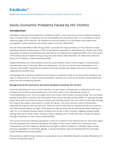 Socio-Economic Problems Faced by HIV Victims
