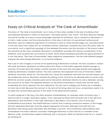 Essay on Critical Analysis of ‘The Cask of Amontillado’