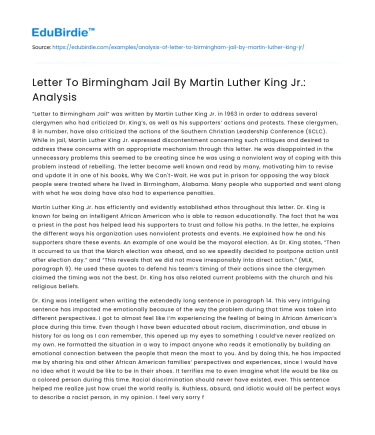 Letter To Birmingham Jail By Martin Luther King Jr.: Analysis