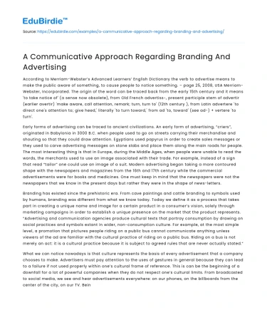 A Communicative Approach Regarding Branding And Advertising