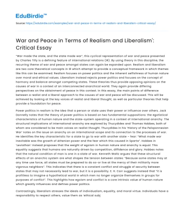 War and Peace in Terms of Realism and Liberalism’: Critical Essay