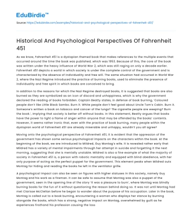 Historical And Psychological Perspectives Of Fahrenheit 451
