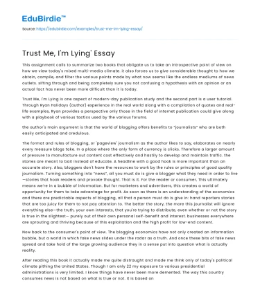 Trust Me, I’m Lying’ Essay