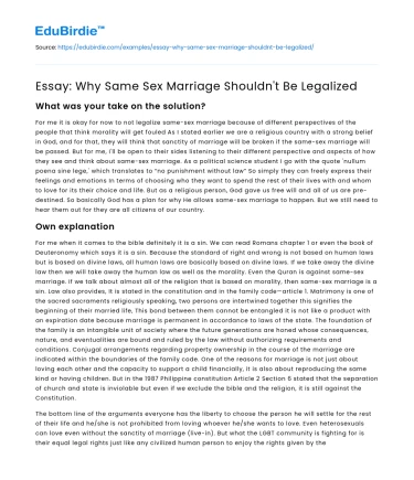 Essay: Why Same Sex Marriage Shouldn’t Be Legalized