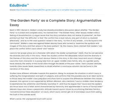 ‘The Garden Party’ as a Complete Story: Argumentative Essay