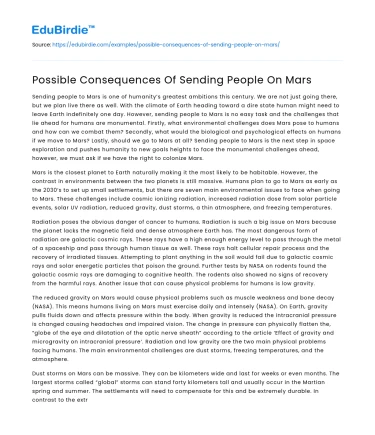 Possible Consequences Of Sending People On Mars