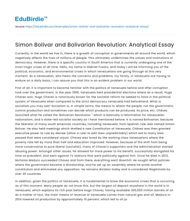 Simon Bolivar and Bolivarian Revolution: Analytical Essay
