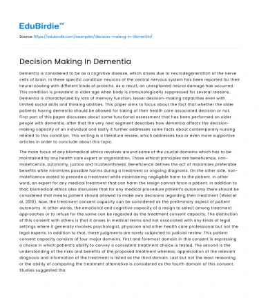 Decision Making for Dementia Patients