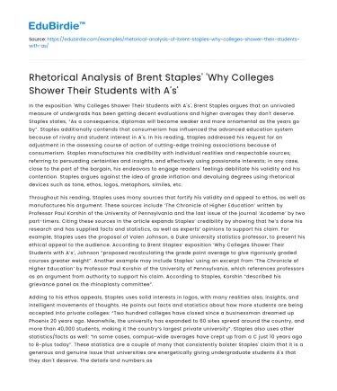 Brent Staples’ Rhetorical Analysis of Why Colleges Shower Students with A’s