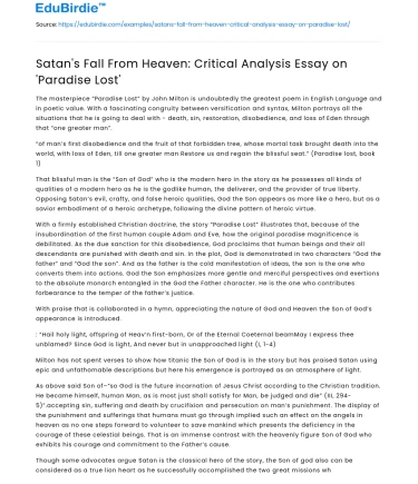 Satan’s Fall From Heaven: Critical Analysis Essay on ‘Paradise Lost’