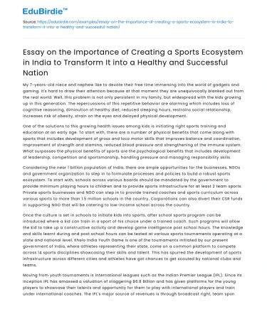 Creating a Sports Ecosystem in India for a Healthy Nation