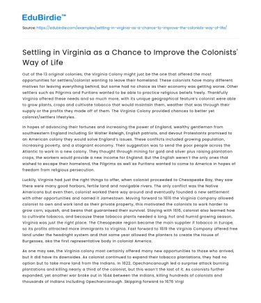 Settling in Virginia as a Chance to Improve the Colonists’ Way of Life