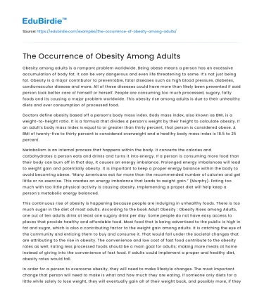 The Occurrence of Obesity Among Adults