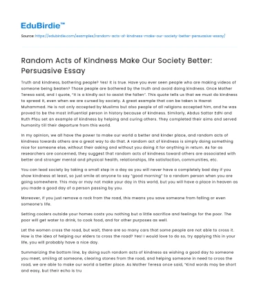 Random Acts of Kindness Make Our Society Better: Persuasive Essay