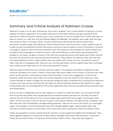 Summary and Critical Analysis of Robinson Crusoe