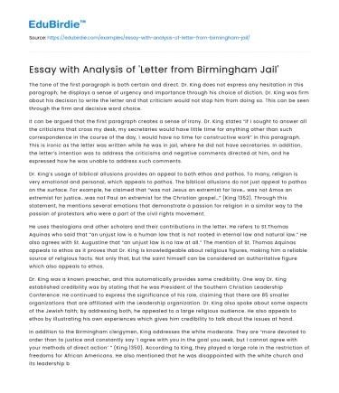 Essay with Analysis of ‘Letter from Birmingham Jail’