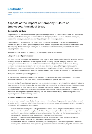 Aspects of the Impact of Company Culture on Employees