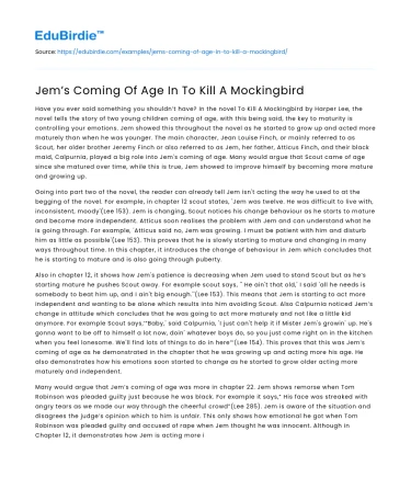 Jem’s Coming Of Age In To Kill A Mockingbird