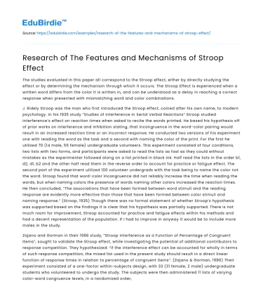 Research of The Features and Mechanisms of Stroop Effect