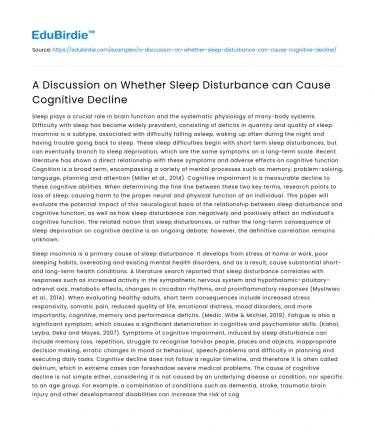 A Discussion on Whether Sleep Disturbance can Cause Cognitive Decline