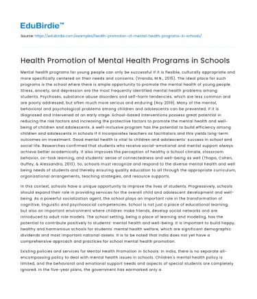 Health Promotion of Mental Health Programs in Schools