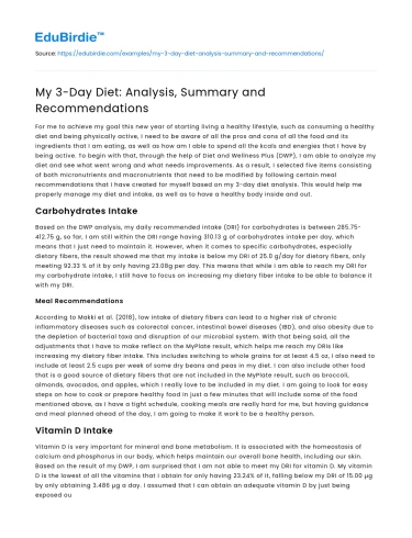 My 3-Day Diet: Analysis, Summary and Recommendations