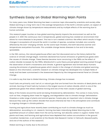 Synthesis Essay on Global Warming Main Points