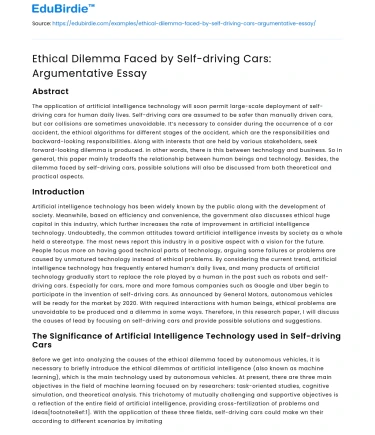 Ethical Dilemma Faced by Self-driving Cars: Argumentative Essay