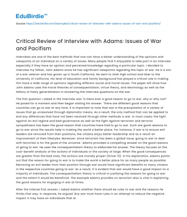 Critical Review of Interview with Adams: Issues of War and Pacifism
