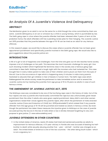 An Analysis Of A Juvenile’s Violence And Delinquency