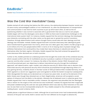 Was the Emergence of the Cold War Unavoidable?