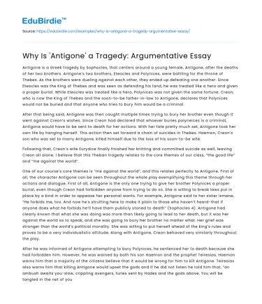 Why Is ‘Antigone’ a Tragedy: Argumentative Essay