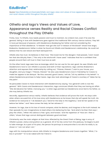 Othello and Iago’s Views on Love, Appearance, Reality, and Race