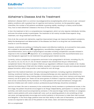 Alzheimer’s Disease And Its Treatment